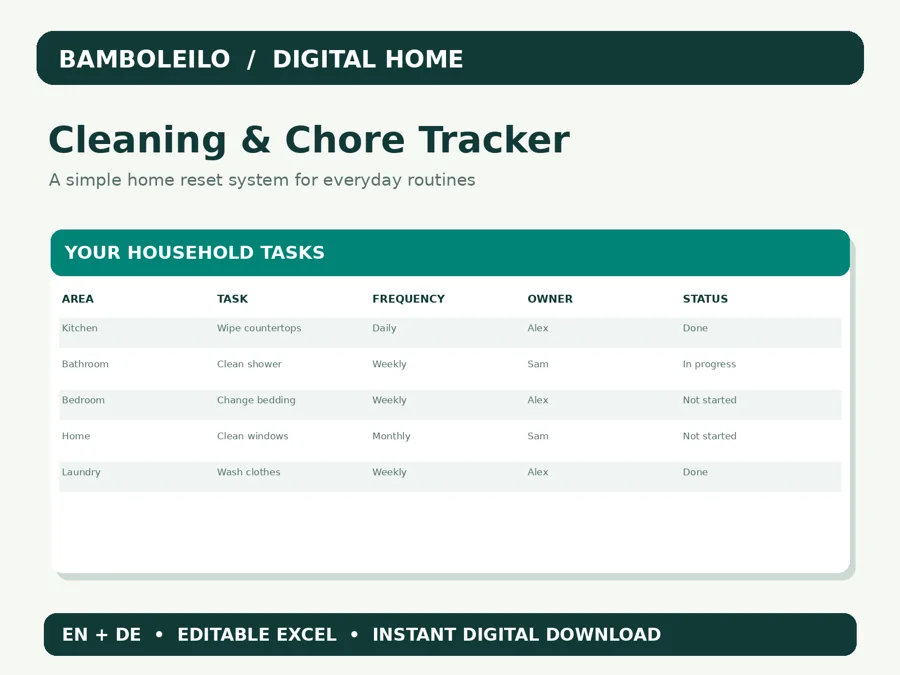 Cleaning & Chore Tracker — existing product cover; preview data is illustrative