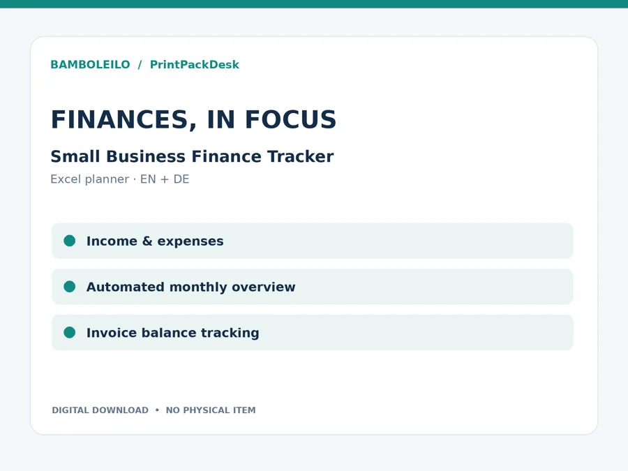 Small Business Finance Tracker — existing product cover; preview data is illustrative