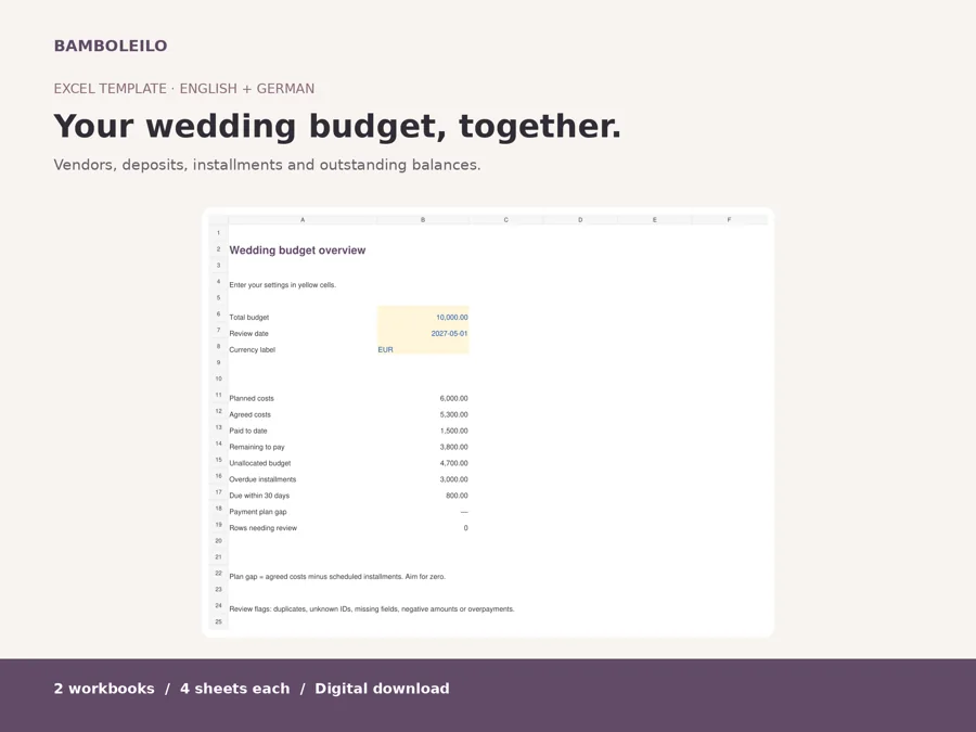 Wedding Budget Tracker — existing product cover; preview data is illustrative