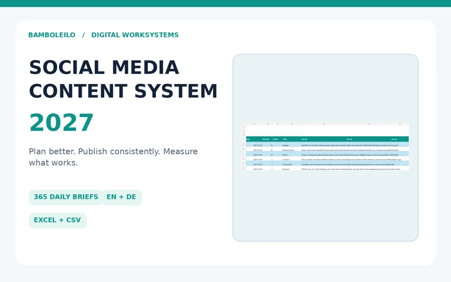 Social Media Content System 2027 — existing product cover; preview data is illustrative