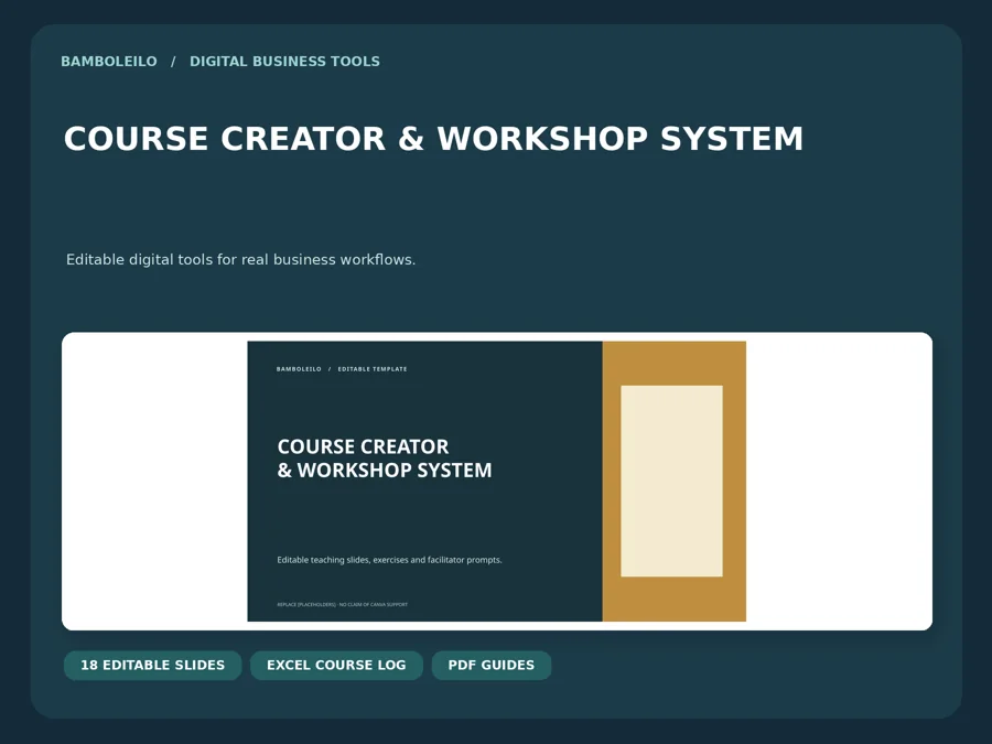 Course Creator & Workshop System — existing product cover; preview data is illustrative